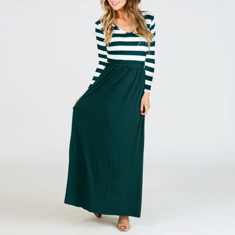 Women's Casual Long Sleeve Dress Scoop Neck Stripe Maxi Dresses With Pockets(S-XXL)