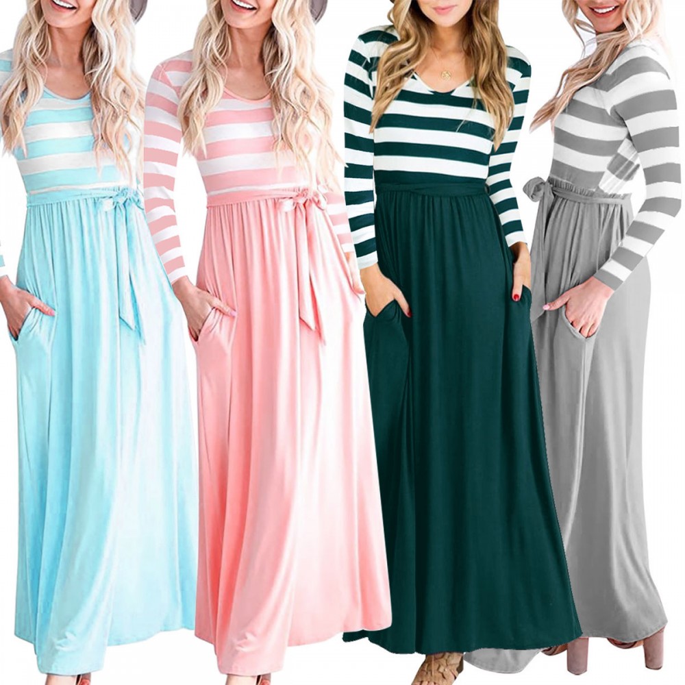 Women's Casual Long Sleeve Dress Scoop Neck Stripe Maxi Dresses With Pockets(S-XXL)