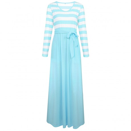 Women's Casual Long Sleeve Dress Scoop Neck Stripe Maxi Dresses With Pockets(S-XXL)