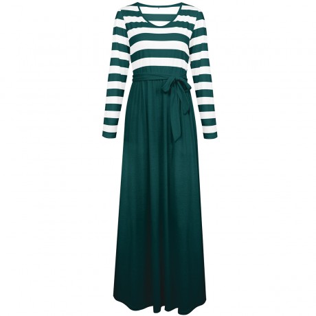 Women's Casual Long Sleeve Dress Scoop Neck Stripe Maxi Dresses With Pockets(S-XXL)