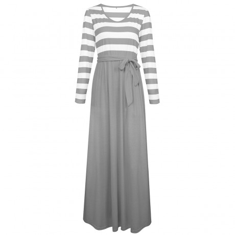 Women's Casual Long Sleeve Dress Scoop Neck Stripe Maxi Dresses With Pockets(S-XXL)
