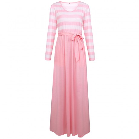 Women's Casual Long Sleeve Dress Scoop Neck Stripe Maxi Dresses With Pockets(S-XXL)