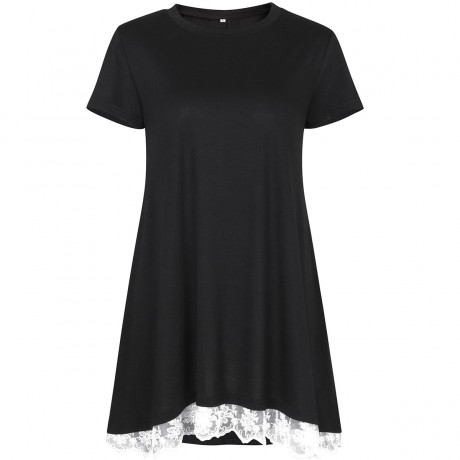 Women's Solid Short Sleeve T Shirt Casual Round Neck Lace Stitching Top Blouse(S-XXL)