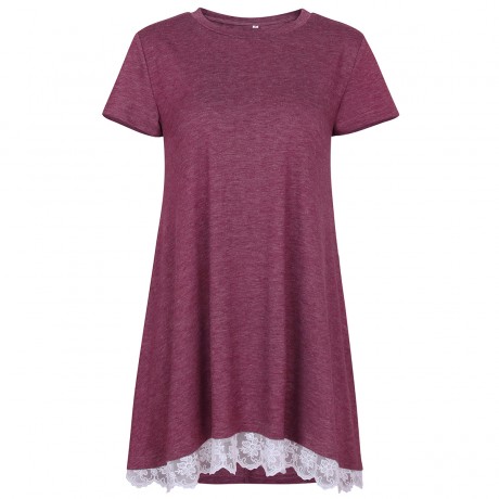 Women's Solid Short Sleeve T Shirt Casual Round Neck Lace Stitching Top Blouse(S-XXL)