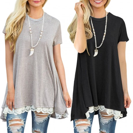 Women's Solid Short Sleeve T Shirt Casual Round Neck Lace Stitching Top Blouse(S-XXL)