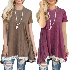 Women's Solid Short Sleeve T Shirt Casual Round Neck Lace Stitching Top Blouse(S-XXL) 
