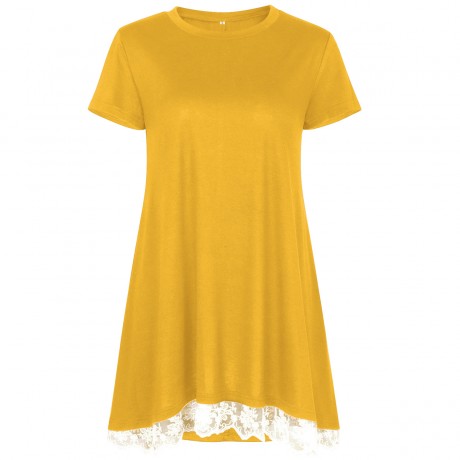 Women's Solid Short Sleeve T Shirt Casual Round Neck Lace Stitching Top Blouse(S-XXL)