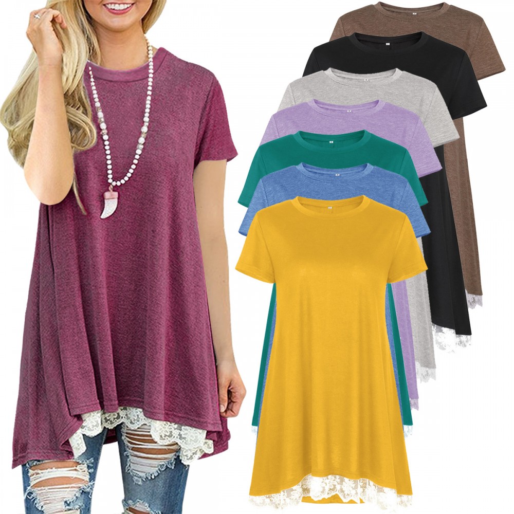 Women's Solid Short Sleeve T Shirt Casual Round Neck Lace Stitching Top Blouse(S-XXL)