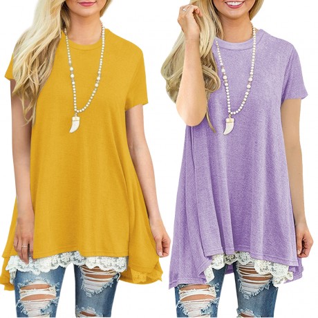 Women's Solid Short Sleeve T Shirt Casual Round Neck Lace Stitching Top Blouse(S-XXL)
