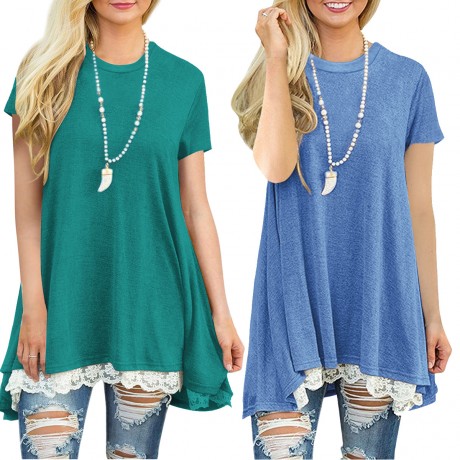 Women's Solid Short Sleeve T Shirt Casual Round Neck Lace Stitching Top Blouse(S-XXL)
