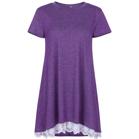 Women's Solid Short Sleeve T Shirt Casual Round Neck Lace Stitching Top Blouse(S-XXL)