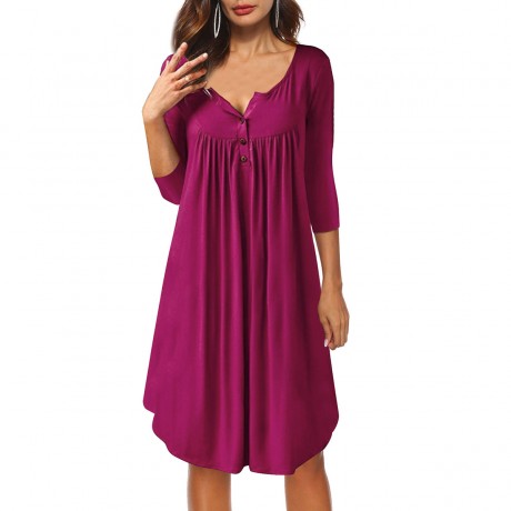 Women's Sexy Half Open Collar Button Dress 3/4 Sleeves Loose Casual Swing T-shirt Dresses(S-XXL)