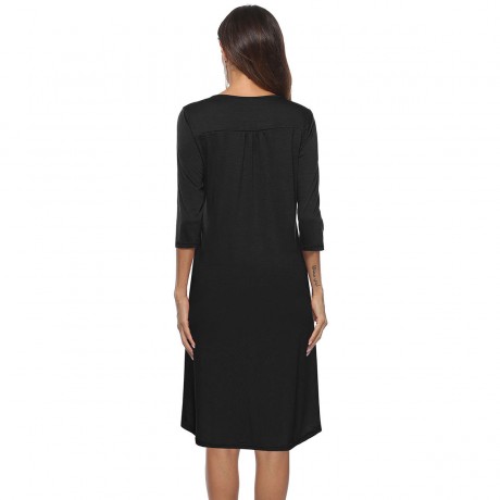 Women's Sexy Half Open Collar Button Dress 3/4 Sleeves Loose Casual Swing T-shirt Dresses(S-XXL)