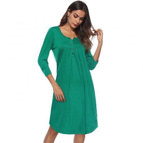 Women's Sexy Half Open Collar Button Dress 3/4 Sleeves Loose Casual Swing T-shirt Dresses(S-XXL)