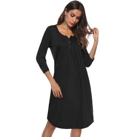 Women's Sexy Half Open Collar Button Dress 3/4 Sleeves Loose Casual Swing T-shirt Dresses(S-XXL)