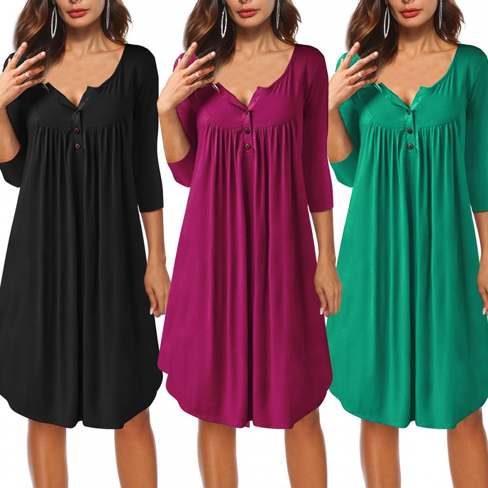 Women's Sexy Half Open Collar Button Dress 3/4 Sleeves Loose Casual Swing T-shirt Dresses(S-XXL)