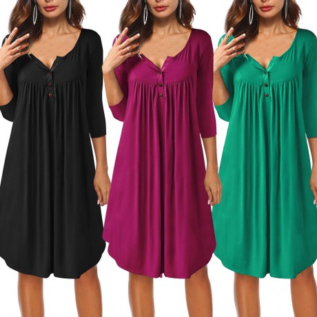 Women's Sexy Half Open Collar Button Dress 3/4 Sleeves Loose Casual Swing T-shirt Dresses(S-XXL)