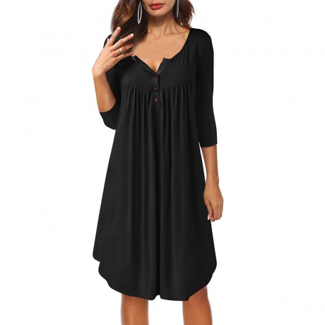 Women's Sexy Half Open Collar Button Dress 3/4 Sleeves Loose Casual Swing T-shirt Dresses(S-XXL)