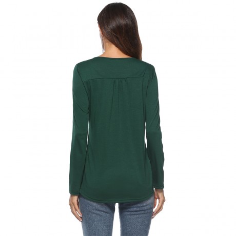 Women's Long Sleeves Loose Casual Shirts Button up Pleated Henley Tunic Tops Blouses(S-XL)