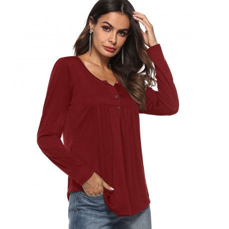 Women's Long Sleeves Loose Casual Shirts Button up Pleated Henley Tunic Tops Blouses(S-XL)