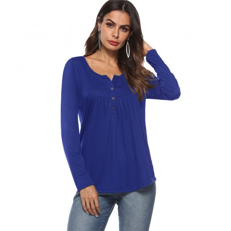 Women's Long Sleeves Loose Casual Shirts Button up Pleated Henley Tunic Tops Blouses(S-XL)