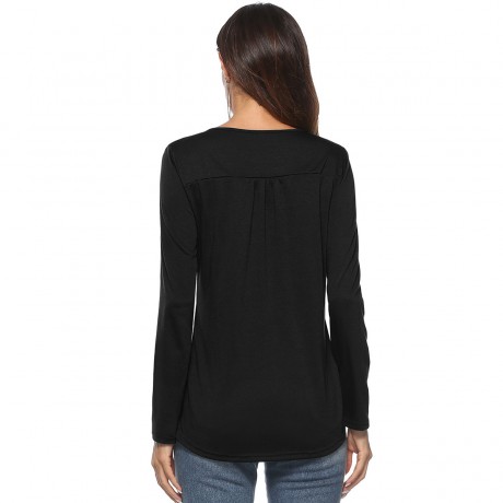 Women's Long Sleeves Loose Casual Shirts Button up Pleated Henley Tunic Tops Blouses(S-XL)