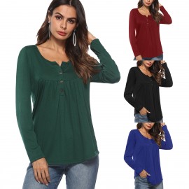 Women's Long Sleeves Loose Casual Shirts Button up Pleated Henley Tunic Tops Blouses(S-XL)