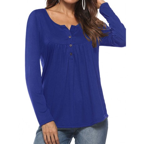 Women's Long Sleeves Loose Casual Shirts Button up Pleated Henley Tunic Tops Blouses(S-XL)