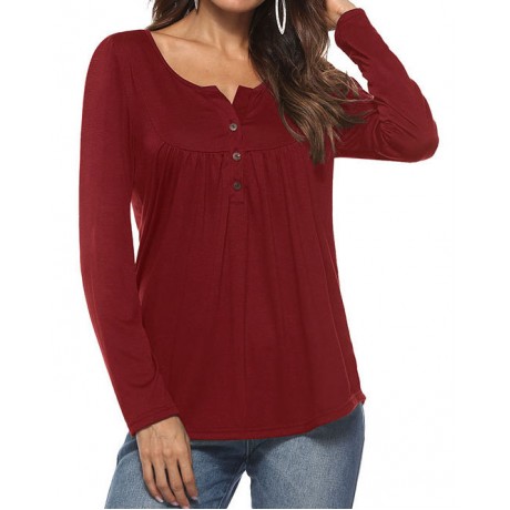 Women's Long Sleeves Loose Casual Shirts Button up Pleated Henley Tunic Tops Blouses(S-XL)