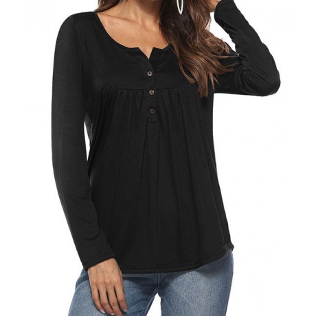 Women's Long Sleeves Loose Casual Shirts Button up Pleated Henley Tunic Tops Blouses(S-XL)