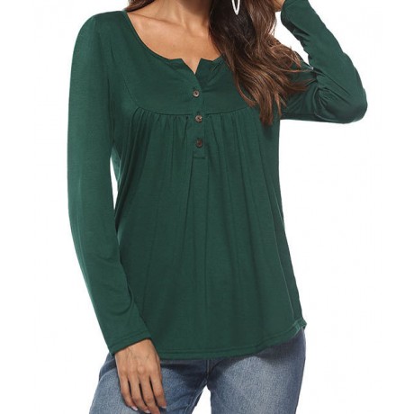 Women's Long Sleeves Loose Casual Shirts Button up Pleated Henley Tunic Tops Blouses(S-XL)