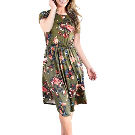 Women's Short Sleeve Floral Printed Round Neck Dress Loose Pleated Swing Midi Dress With Pockets(S-XXL)