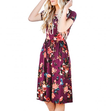 Women's Short Sleeve Floral Printed Round Neck Dress Loose Pleated Swing Midi Dress With Pockets(S-XXL)