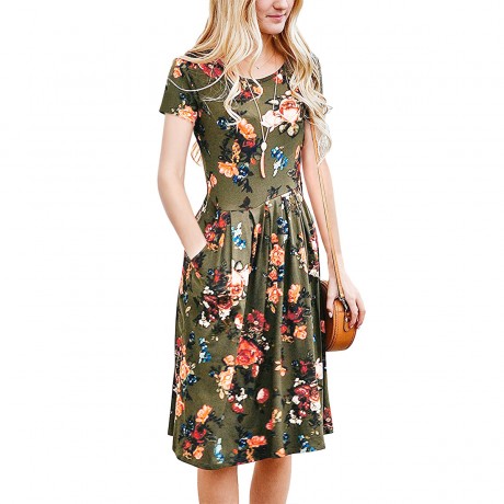 Women's Short Sleeve Floral Printed Round Neck Dress Loose Pleated Swing Midi Dress With Pockets(S-XXL)