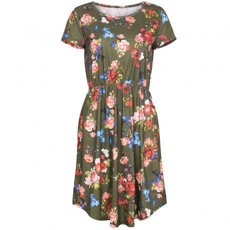 Women's Short Sleeve Floral Printed Round Neck Dress Loose Pleated Swing Midi Dress With Pockets(S-XXL)