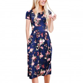 Women's Short Sleeve Floral Printed Round Neck Dress Loose Pleated Swing Midi Dress With Pockets(S-XXL) 