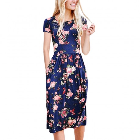 Women's Short Sleeve Floral Printed Round Neck Dress Loose Pleated Swing Midi Dress With Pockets(S-XXL)