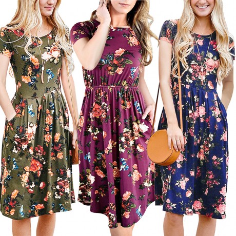 Women's Short Sleeve Floral Printed Round Neck Dress Loose Pleated Swing Midi Dress With Pockets(S-XXL)