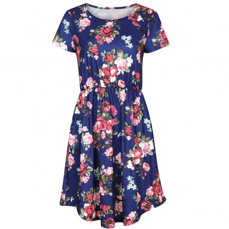 Women's Short Sleeve Floral Printed Round Neck Dress Loose Pleated Swing Midi Dress With Pockets(S-XXL)