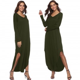 Women's Long Sleeve V Neck Slit Dress Loose Swing Midi Long Dress With Pockets(S-XL) 