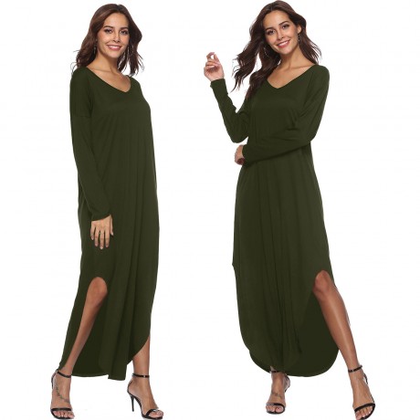 Women's Long Sleeve V Neck Slit Dress Loose Swing Midi Long Dress With Pockets(S-XL)
