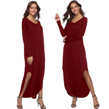 Women's Long Sleeve V Neck Slit Dress Loose Swing Midi Long Dress With Pockets(S-XL)