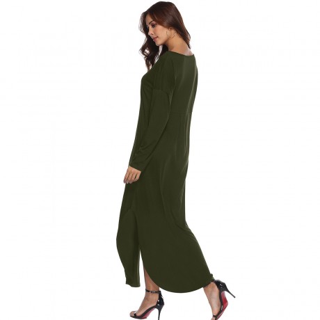 Women's Long Sleeve V Neck Slit Dress Loose Swing Midi Long Dress With Pockets(S-XL)