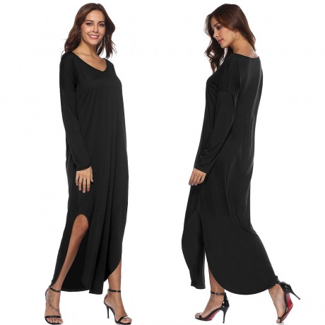 Women's Long Sleeve V Neck Slit Dress Loose Swing Midi Long Dress With Pockets(S-XL)