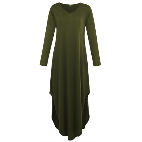 Women's Long Sleeve V Neck Slit Dress Loose Swing Midi Long Dress With Pockets(S-XL)