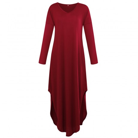 Women's Long Sleeve V Neck Slit Dress Loose Swing Midi Long Dress With Pockets(S-XL)