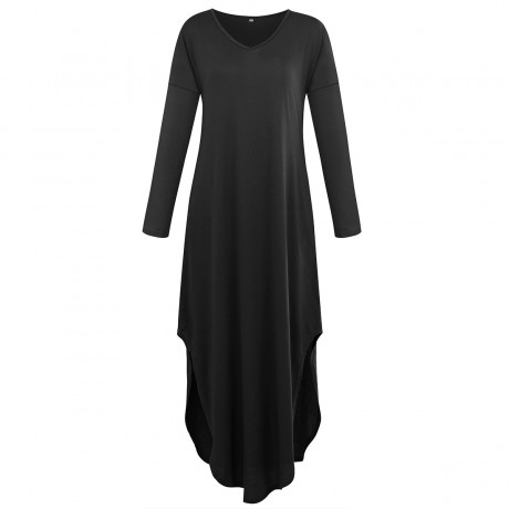 Women's Long Sleeve V Neck Slit Dress Loose Swing Midi Long Dress With Pockets(S-XL)