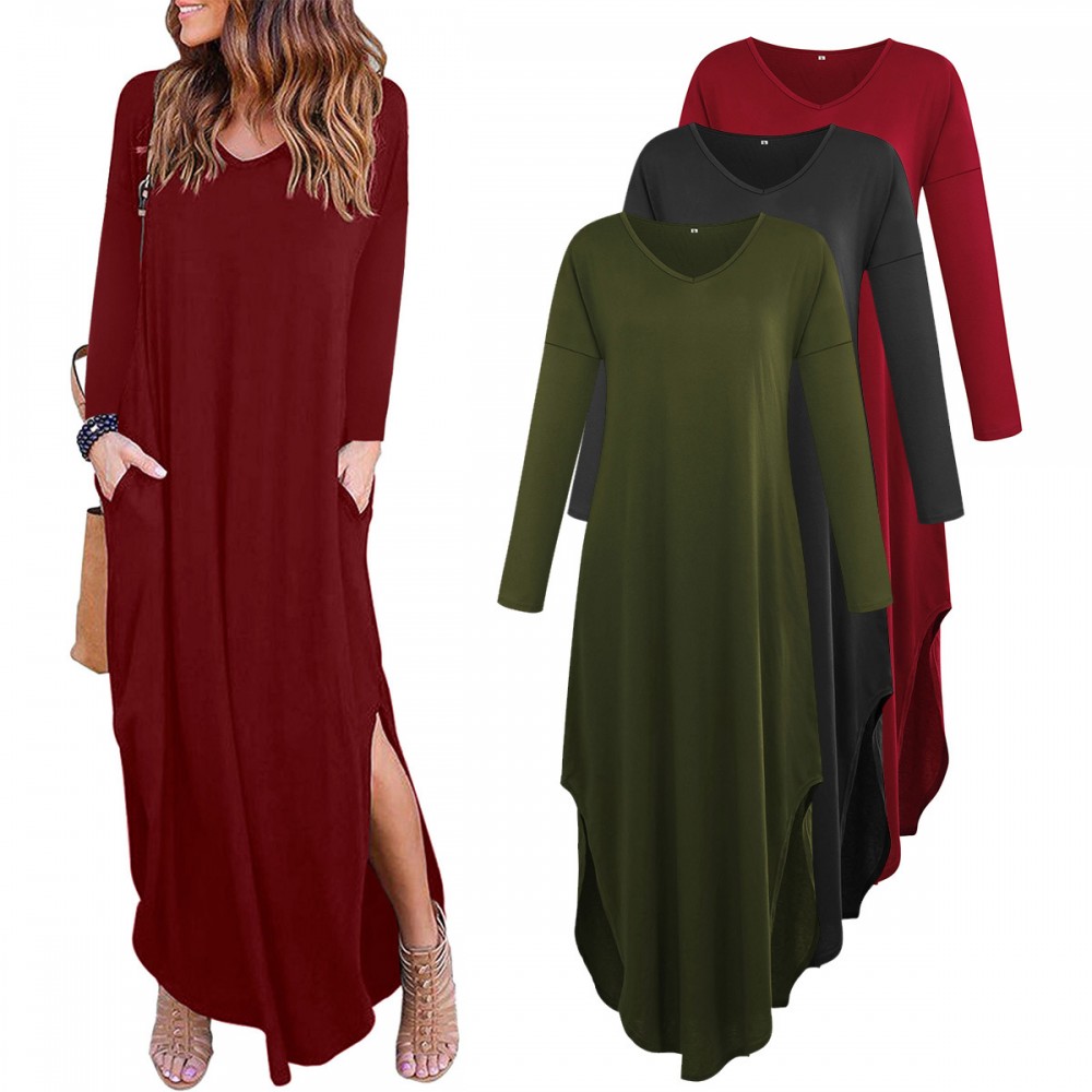 Women's Long Sleeve V Neck Slit Dress Loose Swing Midi Long Dress With Pockets(S-XL)