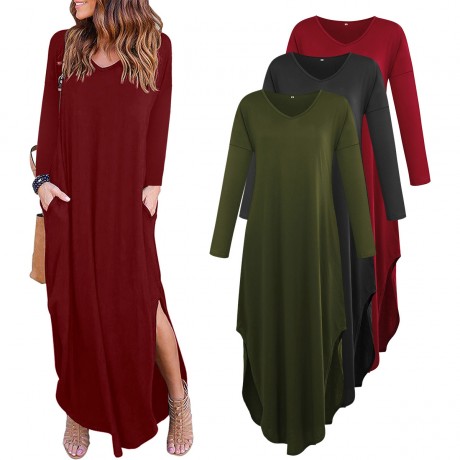Women's Long Sleeve V Neck Slit Dress Loose Swing Midi Long Dress With Pockets(S-XL)