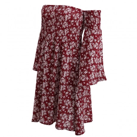 Women's Flare Long Sleeve Floral Off Shoulder Dress Pleated High Waist Swing Midi Dress(S-XXL)